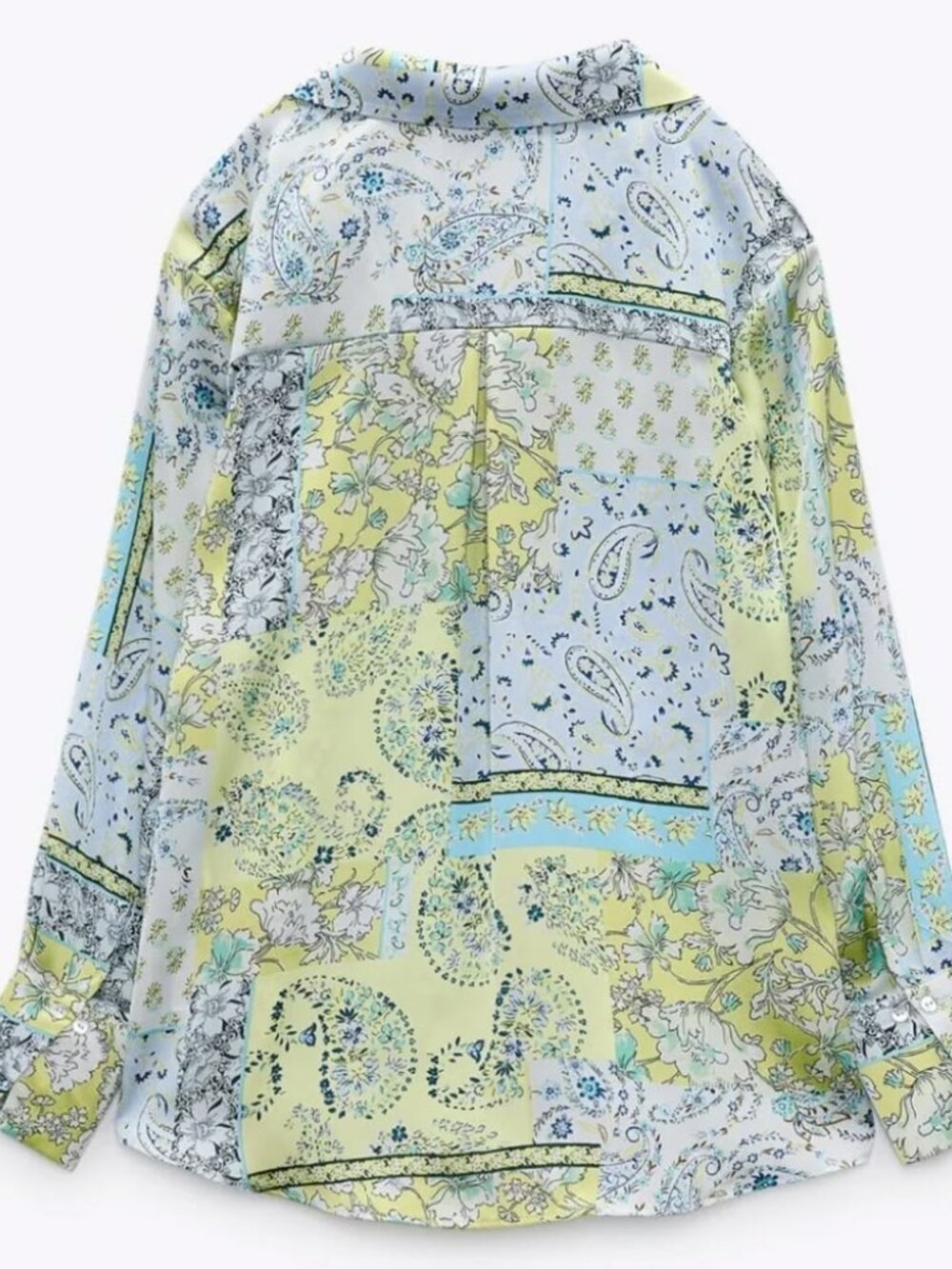 ZARA I NWT Satin Effect Button-Front Long-Sleeve Blouse, Green Paisley Bandana - Picture 2 of 7
